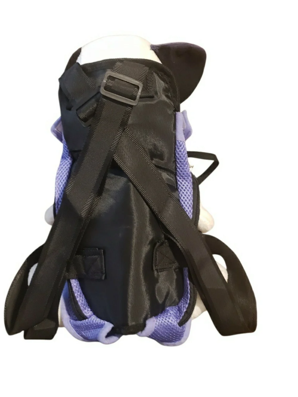 Pet carrier backpack purple mesh legs-out designed for hands-free transport.